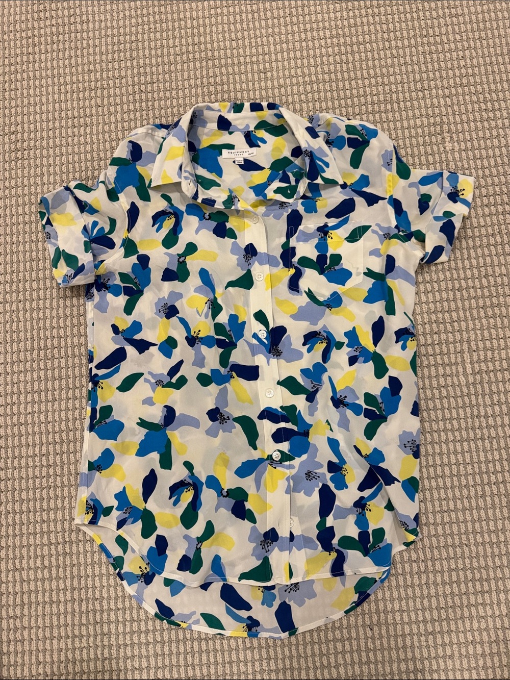 Equipment Short-Sleeve Floral Button-Up in Blue, Green & Yellow